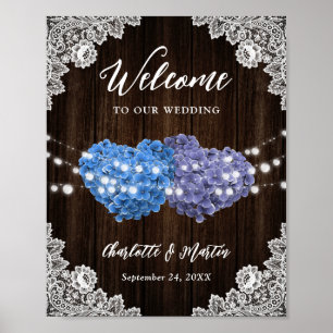 Purple Blue Rustic Wood Lace Wedding Welcome Sign