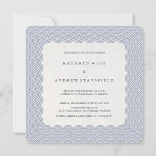 Purple-Blue Scalloped Seigaiha Waves Beach Wedding Invitation