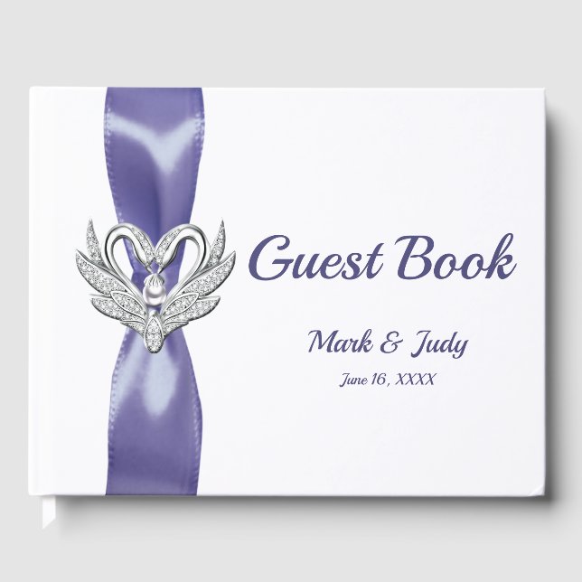 Purple Blue Silver Swans Wedding Guest Book (Front)
