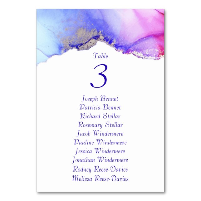 Purple Blue Silver Wedding Reception Table Number (Front)