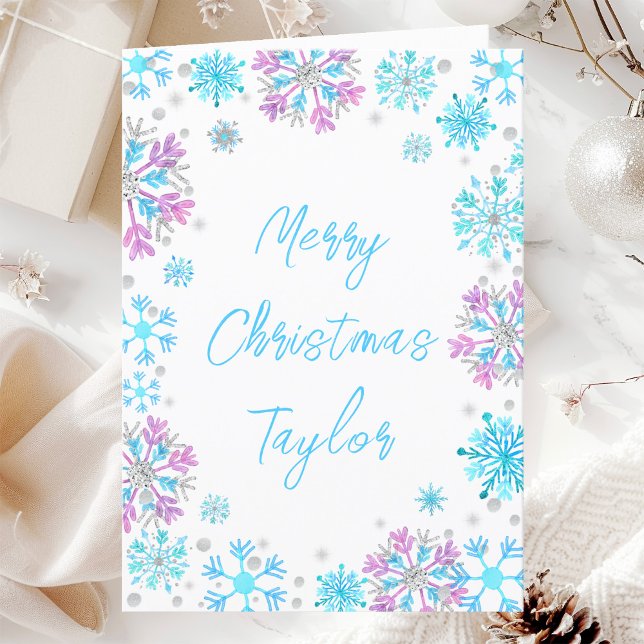 Purple Blue Snowflakes Merry Christmas with Name Holiday Card (Creator Uploaded)