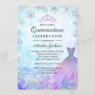 Purple Blue Sparkle Snowflakes Winter Quinceanera Invitation