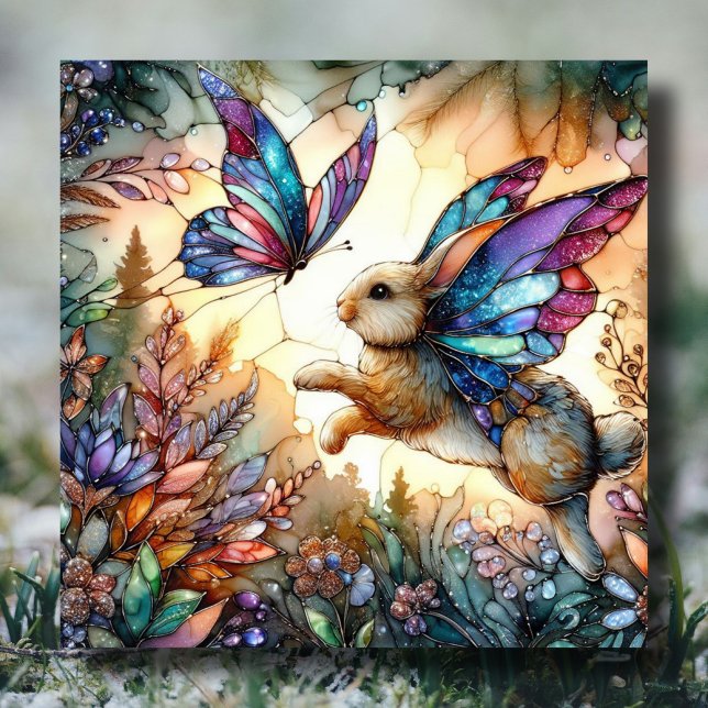 Purple Blue Stained Glass Butterfly Bunny Easter  Holiday Card (Creator Uploaded)