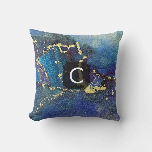 Purple Blue Teal and Gold Liquid Art Monogram Cushion (Front)