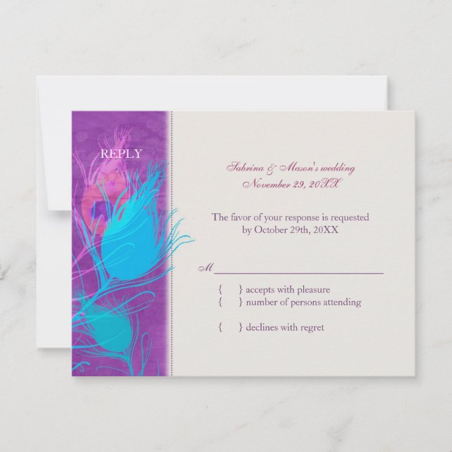 Purple Blue Teal Peacock Wedding RSVP Card (Front)