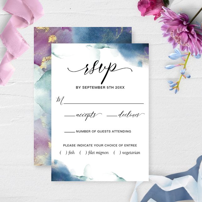 Purple, Blue, Teal Watercolor RSVP w/Meal Choices Card (Creator Uploaded)