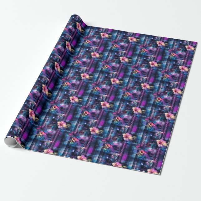 Purple & Blue Tropical Floral Wrapping Paper (Unrolled)