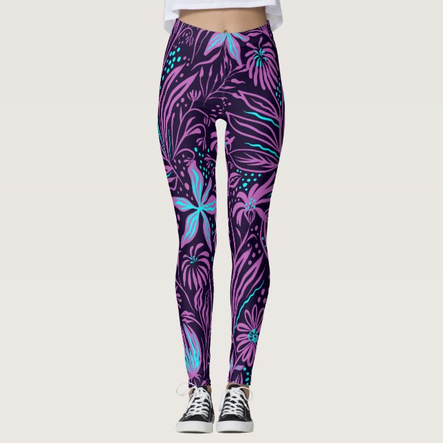 Purple & Blue Tropical Flowers Yoga Leisurewear Leggings (Front)