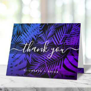 Purple blue tropical palm leaf pattern script name thank you card