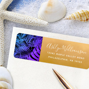 Purple blue tropical palm leaf script gold address