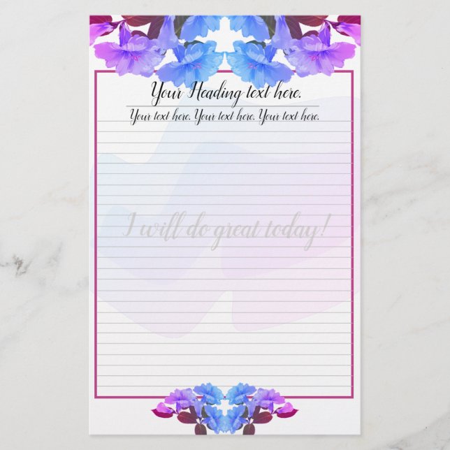 Purple Blue Trumpet Flowers Lined Writing Paper (Front)