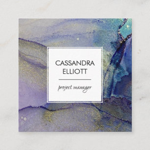 Purple Blue Turquoise & Gold Abstract Liquid Art Square Business Card
