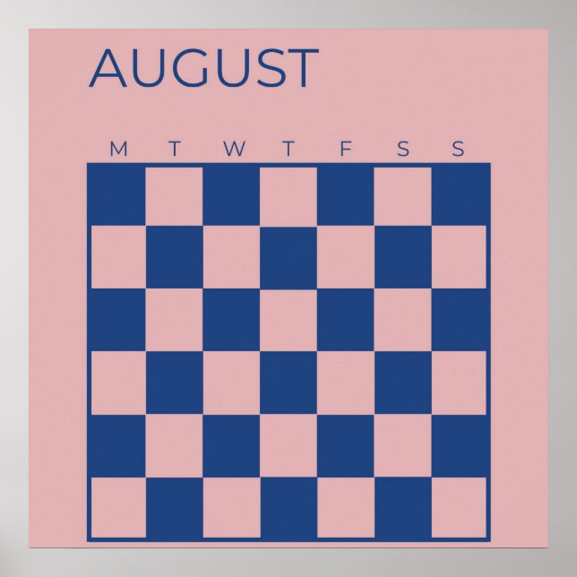 Purple Blue Undated Chequered August Calendar Poster (Front)