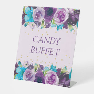 Purple Blue Watercolor Floral Candy Buffet Pedestal Sign