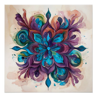 Purple & Blue Watercolor Floral Mandala Poster