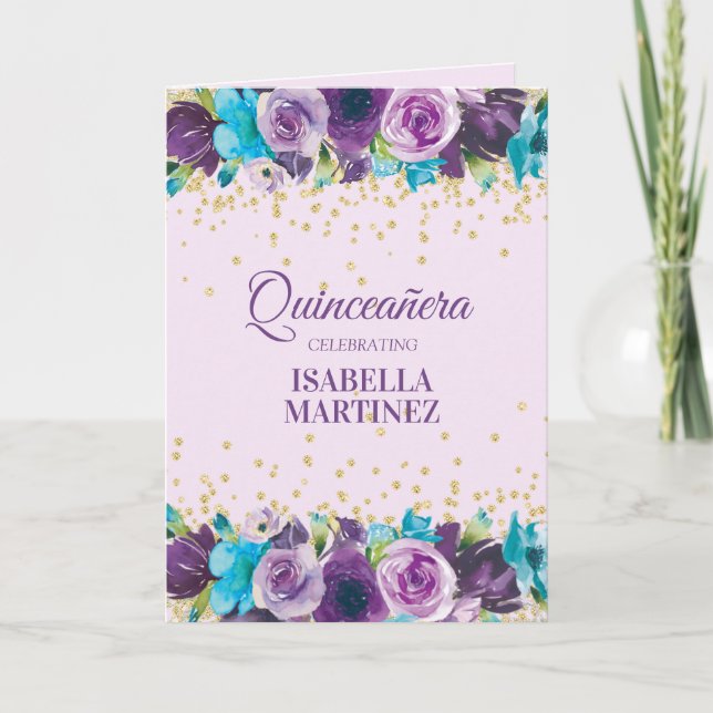 Purple Blue Watercolor Floral Quinceañera Photo Card (Front)
