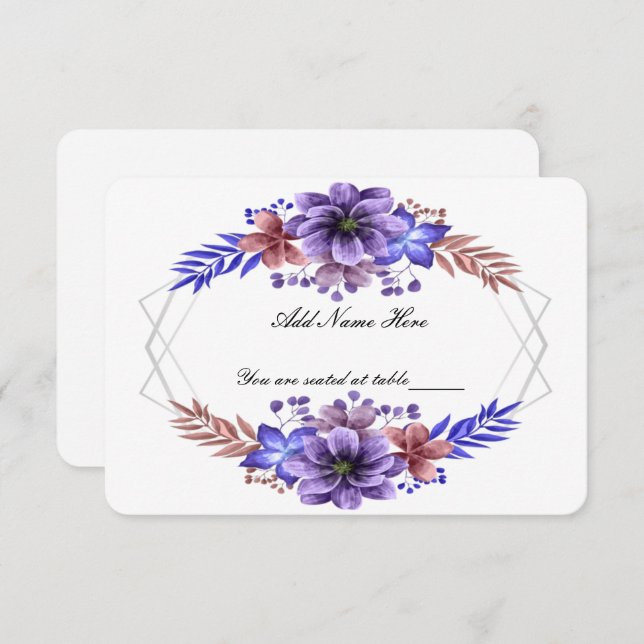 Purple & Blue Watercolor Floral Wedding Table Card (Front/Back)