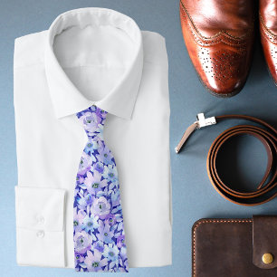 Purple Blue Watercolor Floral Wedding Tie