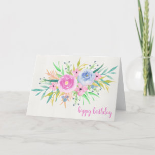 Purple & Blue Watercolor Flowers Birthday Card