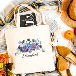 Purple Blue Watercolor Flowers Bridesmaid Gift Tote Bag