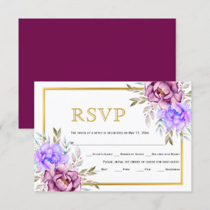 Purple blue watercolor flowers gold frame wedding  RSVP card