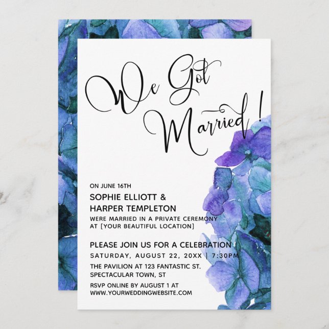 Purple Blue Watercolor Hydrangea We Got Married Invitation (Front/Back)