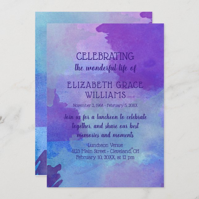 Purple & Blue Watercolor Life Celebration Invitation (Front/Back)