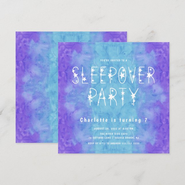 Purple Blue Watercolor Starry Girls Sleepover Invi Invitation (Front/Back)