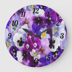 Purple Blue White Floral Pansy Flowers Large Clock