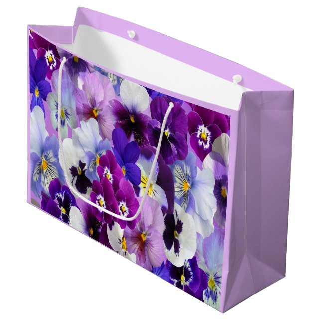Purple Blue White Pansy Floral Flower Brirthday Large Gift Bag (Front Angled)