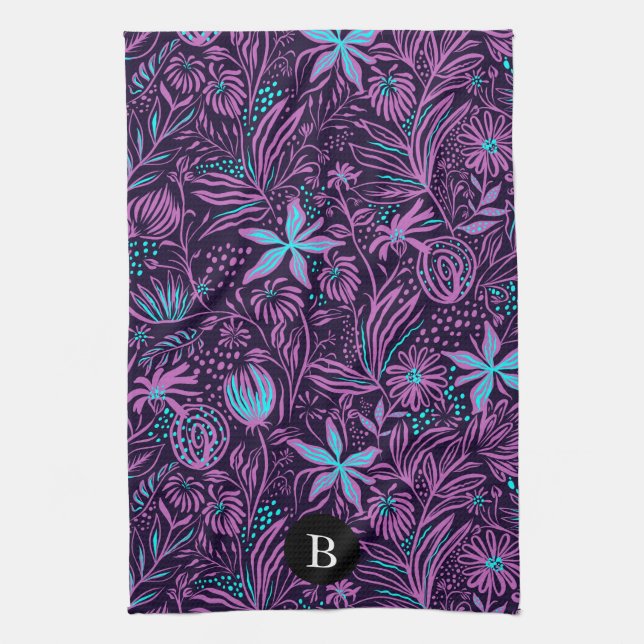 Purple & Blue Wild Flowers | Monogram Tea Towel (Vertical)