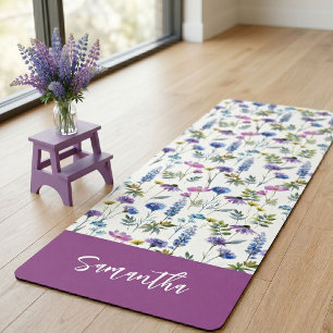 Purple Blue Wildflower Watercolor Custom Name Yoga Mat