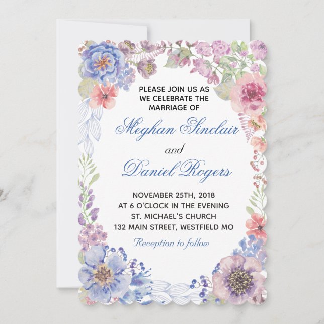 Purple & Blue Wildflowers Wedding Invitation (Front)