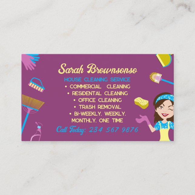 Purple Blue Yellow Housekeeper cleaning Janitorial Business Card (Front)