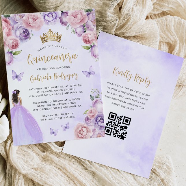 Purple Blush Floral Gold QR Code Quinceañera Invitation (Creator Uploaded)