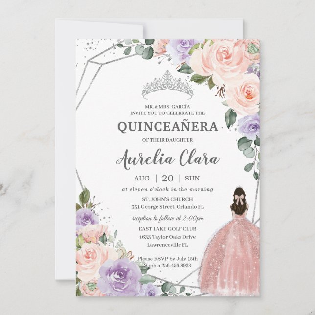 Purple Blush Floral Rose Dress Silver Quinceañera  Invitation (Front)