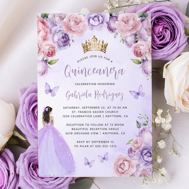 Purple Blush Floral Watercolor Quinceañera Invitation (Creator Uploaded)