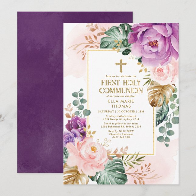 Purple Blush Gold Bohemian Floral First Communion Invitation (Front/Back)