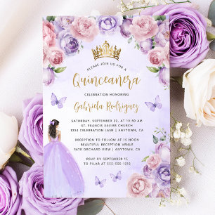 Purple Blush Gold Floral Watercolor Quinceañera Invitation