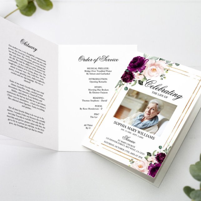 Purple & Blush Photo Memorial Funeral Programs Card (Creator Uploaded)