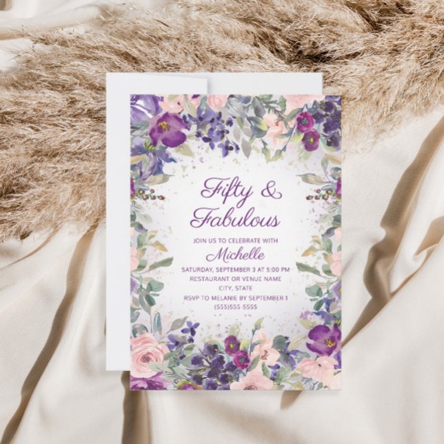 Purple Blush Pink Floral 50 and Fabulous Invitation (Creator Uploaded)