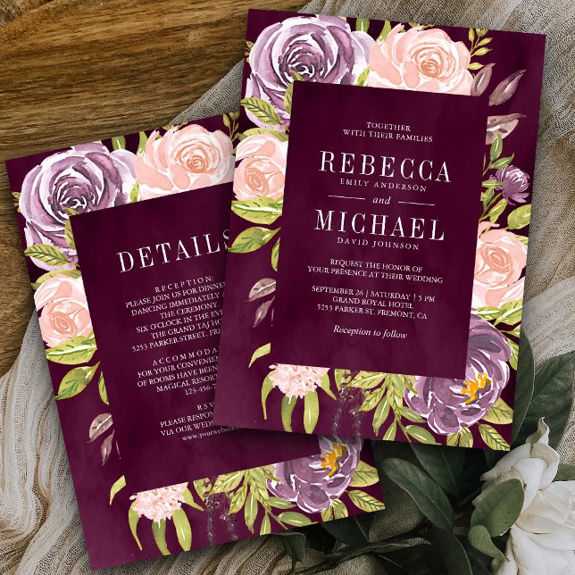 Purple Blush Pink Floral All in One Plum Wedding Invitation (Creator Uploaded)