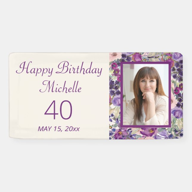 Purple Blush Pink Floral Birthday Welcome Photo Banner (Horizontal)