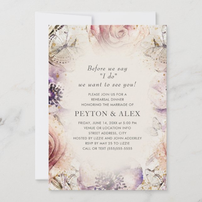 Purple Blush Pink Floral Butterflies Cream Invitation (Front)