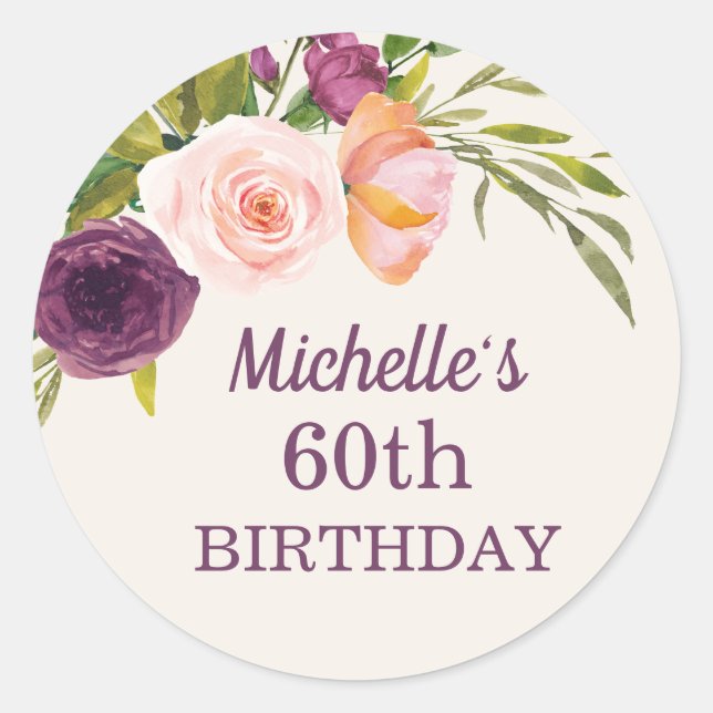Purple Blush Pink Floral Cream 60th Birthday Classic Round Sticker (Front)