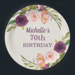 Purple Blush Pink Floral Cream 70th Birthday Paper Plate<br><div class="desc">Beautiful purple,  burgundy,  and blush pink watercolor floral on cream-coloured 70th birthday party custom paper plates for women.  Contact us for help with customisation or to request matching products</div>
