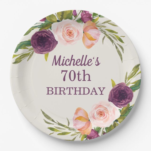 Purple Blush Pink Floral Cream 70th Birthday Paper Plate (Front)