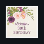 Purple Blush Pink Floral Cream 80th Birthday Napkin<br><div class="desc">Beautiful purple and blush pink watercolor floral on cream-coloured 80th birthday party custom paper napkins for women.  Contact us for help with customisation or to request matching products.</div>