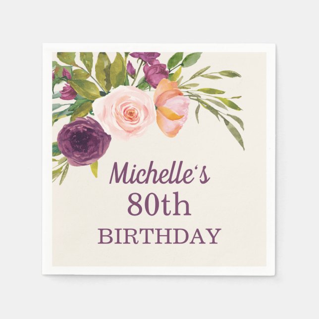 Purple Blush Pink Floral Cream 80th Birthday Napkin (Front)