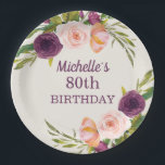 Purple Blush Pink Floral Cream 80th Birthday Paper Plate<br><div class="desc">Beautiful purple,  burgundy,  and blush pink watercolor floral on cream-coloured 80th birthday party custom paper plates for women.  Contact us for help with customisation or to request matching products.</div>